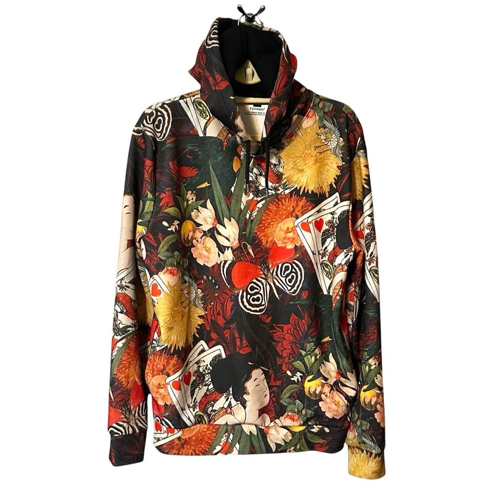 Topman Men’s Colorful Geisha Hoodie Pockets  Sz S Floral Graphic Floral Multi
